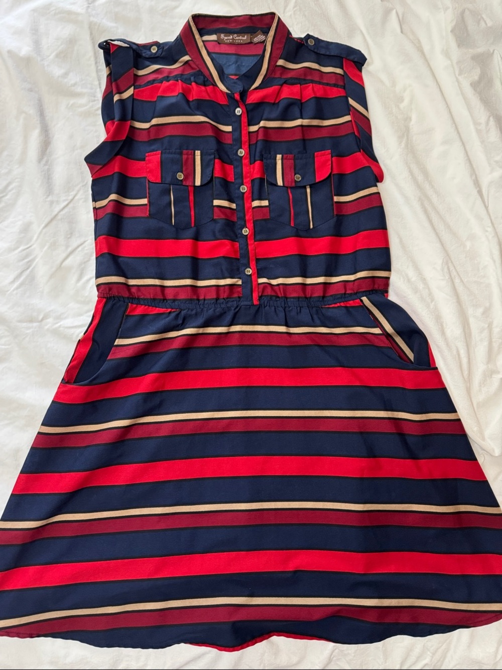 Speed Control Navy, Red & Tan Striped Sleeveless Shirt Dress